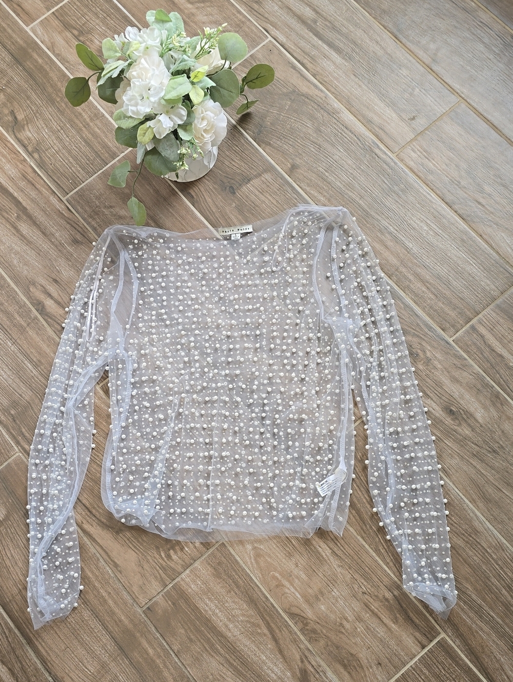 Haute Monde White Sheer Pearl-Embellished Long-Sleeve Top